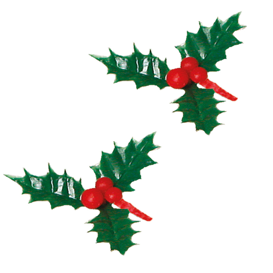 2 Stecchini Decorativi con Agrifoglio Verde a 3 Foglie (5,5 cm) - Plastica