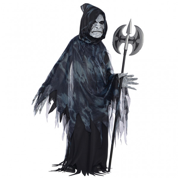 Costume Halloween Bambino Mietitore Zombie Con Luci LED - Completo Con Tunica, Falce E Maschera Luminosa - copertina
