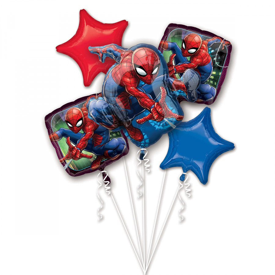 Mazzo da 5 Palloncini Spiderman (43, 48 e 73 cm) per il compleanno