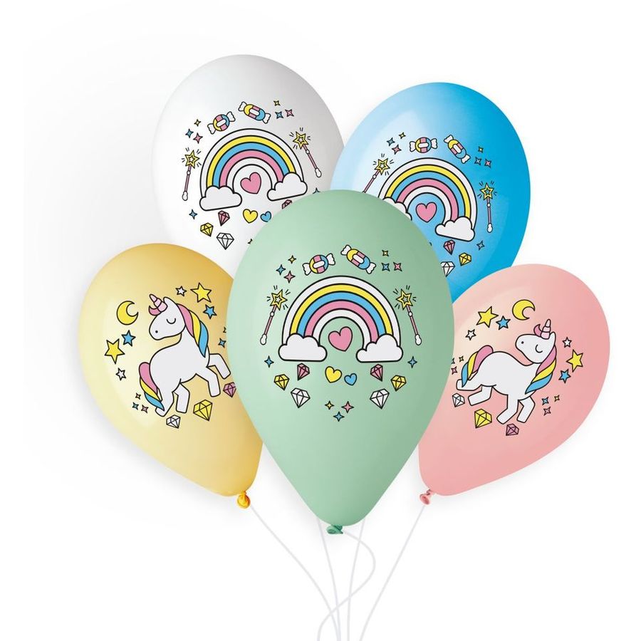 5 palloncini Unicorno Arcobaleno Ø33cm per il compleanno del tuo