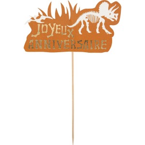 Cake Topper Dinosauro Joyeux Anniversaire Bianco/marrone/oro