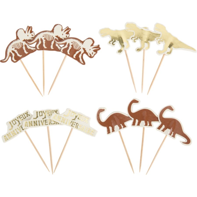 12 Cake Toppers Dinosauri Avorio / marrone / oro 