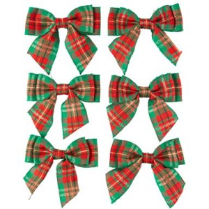 6 fiocchi tartan verdi, rossi e oro 7 cm