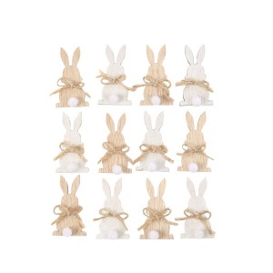 12 coriandoli coniglio in legno bianco Nappe bianche e fiocco di iuta