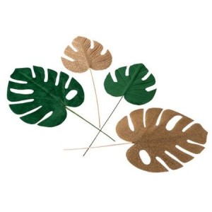 Set di 4 foglie tropicali - Velluto verde e glitter oro