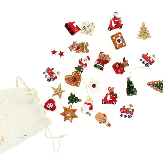 Set di 24 mini regali (3 cm)  +  sacchetto di cotone - Calendario dell Avvento in legno 