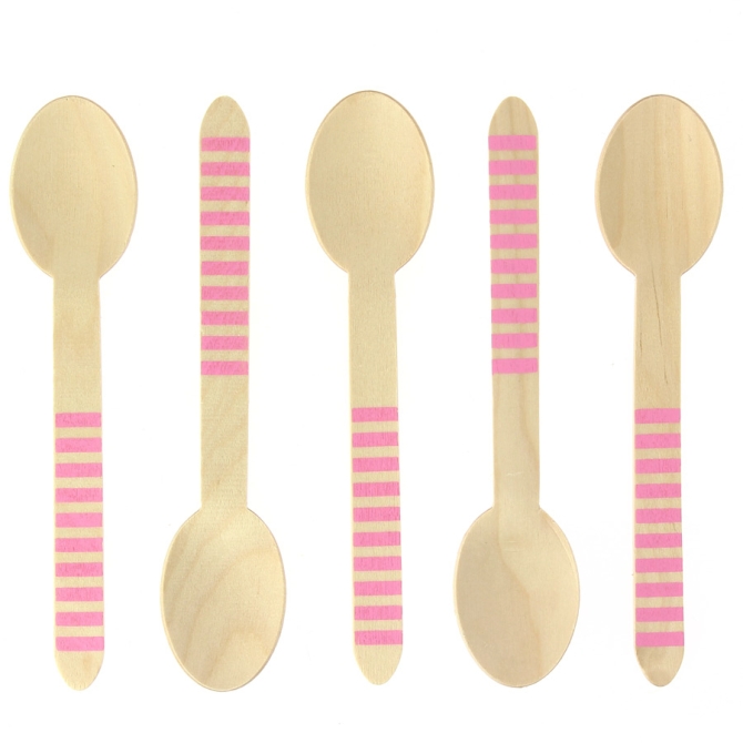 10 Cucchiai di legno a righe rosa - Biodegradabile 