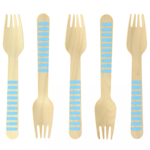10 Forchette di legno a righe blu - Biodegradabile 