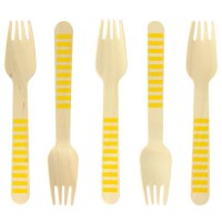 10 Forchette di legno a righe gialle - Biodegradabile