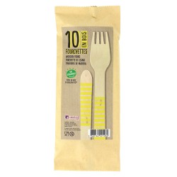 10 Forchette di legno a righe gialle - Biodegradabile. n1