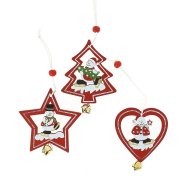 3 Addobbi Natalizi Albero di Natale/Cuore/Stella con Sonaglino (7 cm) - Legno