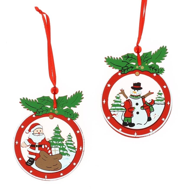 2 Addobbi Natalizi Babbo Natale e Pupazzo di Neve (8 cm) - Legno 