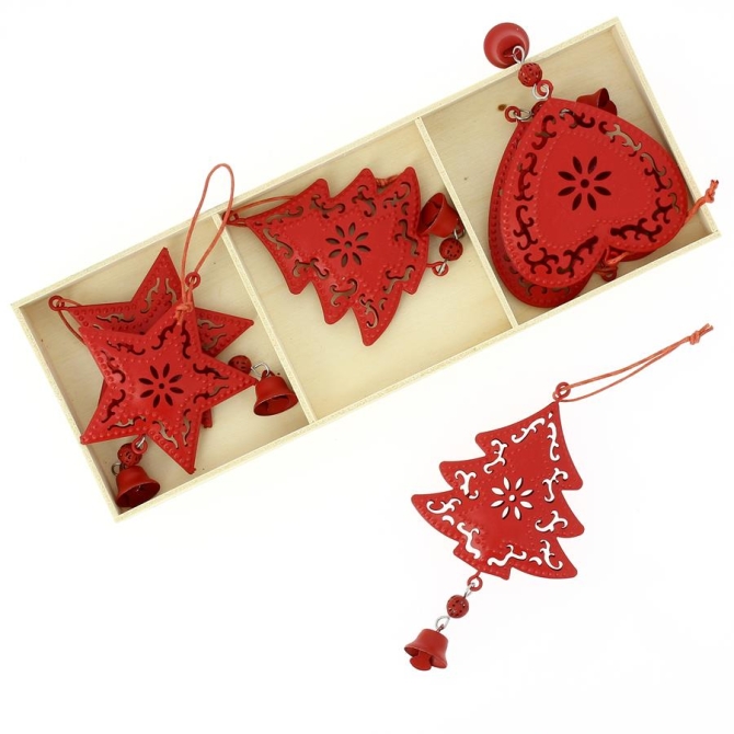 6 Addobbi Natalizi Cuore / Stella / Albero di Natale Rosso (6 cm) - Metallo 