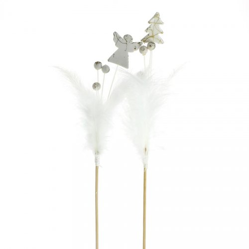 2 lunghi Stecchini Decorazione natalizia bianca con piuma (37 cm) 