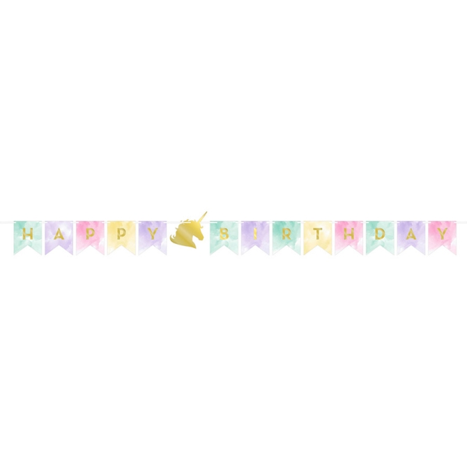 Ghirlanda Happy Birthday unicorno arcobaleno pastello (1, 67 m) 