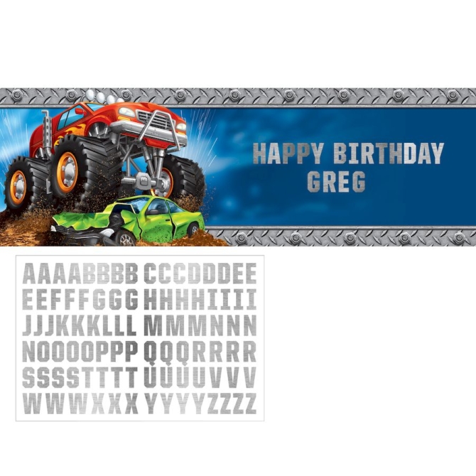 Striscione Personalizzabile lettere Happy Birthday Monster Truck Rally 