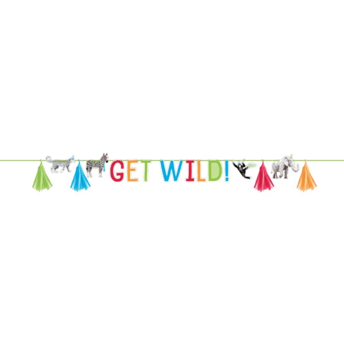 Ghirlanda con pompom e scritta Get Wild - Animali Party 