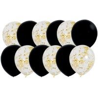 12 palloncini misti di coriandoli neri e oro trasparenti - 30 cm