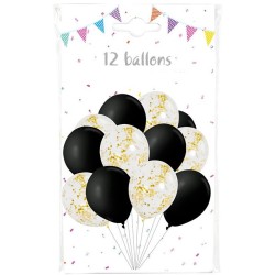 12 palloncini misti di coriandoli neri e oro trasparenti - 30 cm. n1