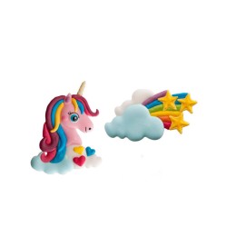 2 Decorazioni in pasta di zucchero (7 cm) - Unicorno  +  arcobaleno. n1