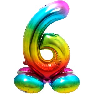Palloncino gigante Rainbow Numero 6 con base (81 cm)