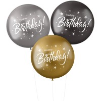 3 palloncini XL Happy Birthday Nero/Argento/Oro  48 cm