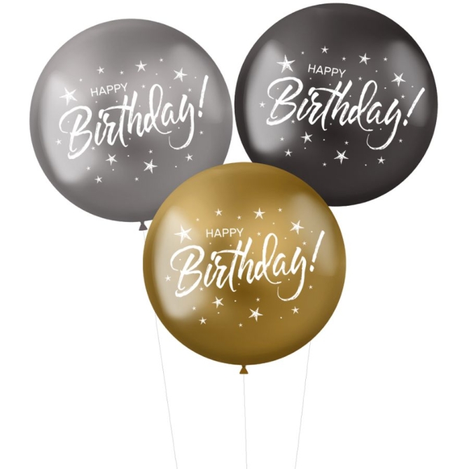 3 palloncini XL Happy Birthday Nero / Argento / Oro Ø 48 cm 