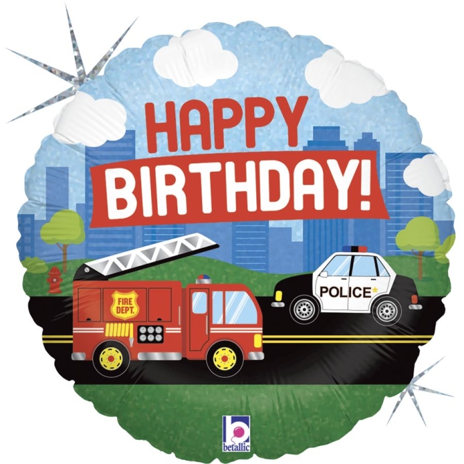 Palloncino olografico di buon compleanno Pompiere / Polizia 