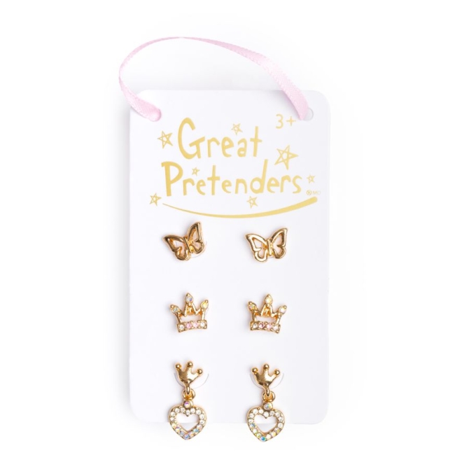 Set di 3 paia di orecchini a forma di corona reale / farfalla 