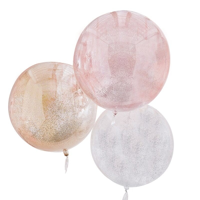3 palloncini Orbz - bianco / rosa / oro metallico glitterato 