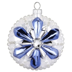 Palla di Natale Fiocco di Neve con Fiore Blu Bijou (8 cm) - Vetro