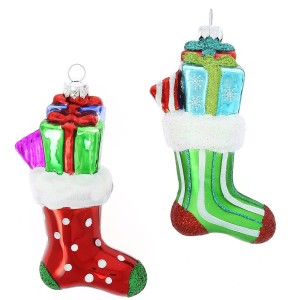 2 Addobbi Natalizi Calze di Natale a Pois/Righe (11 cm) - Vetro