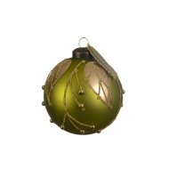 3 Palle di Natale Verde Oliva con Foglie Dorate (8 cm) - Vetro