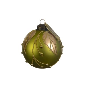 3 Palle di Natale Verde Oliva con Foglie Dorate (8 cm) - Vetro