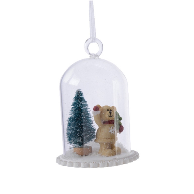 1 Decorazione da appendere Campana con Neve Orsetto (11 cm) - Vetro  /  Resina 