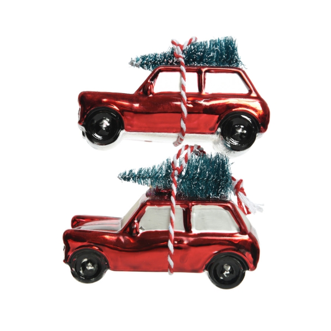 2 Auto con Albero di Natale da Appendere - Vetro 