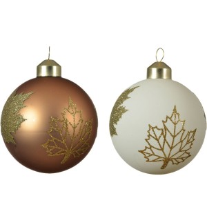 2 Palline di Natale opache - Bianco e bronzo  e foglie oro  8 cm