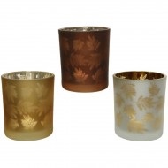 3 Portacandele in vetro opaco - Foglie dorate
