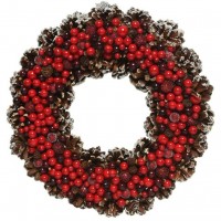 Corona di Natale - Neve bacche rosse e pigne  30 cm