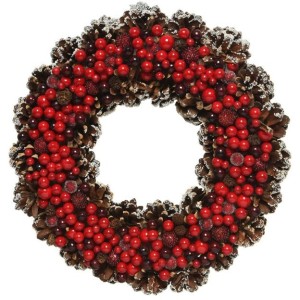 Corona di Natale - Neve bacche rosse e pigne Ø 30 cm