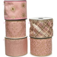 Nastro rosa cipria/oro - Tartan di poliestere N4