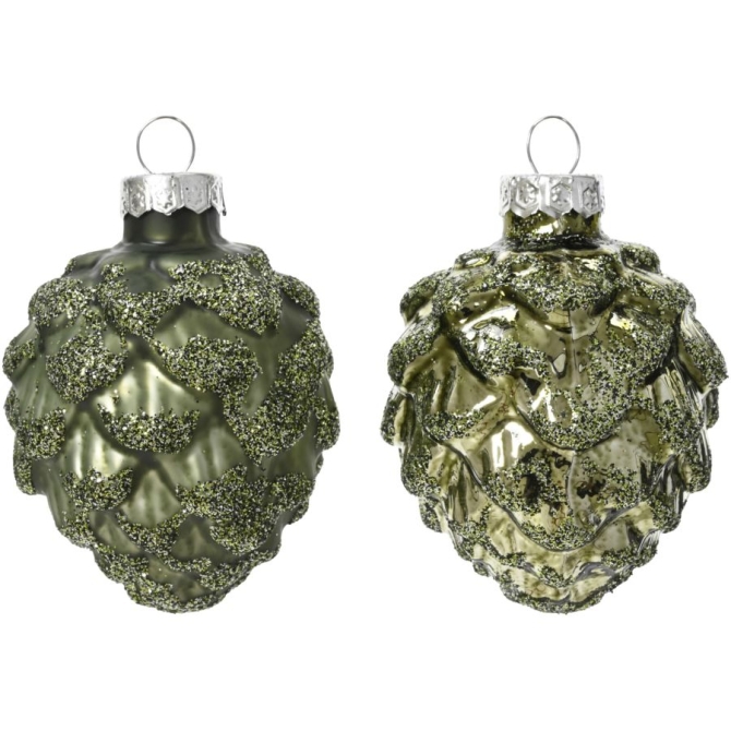 6 pigne verde rosmarino 7 cm - vetro lucido / opaco - glitter 