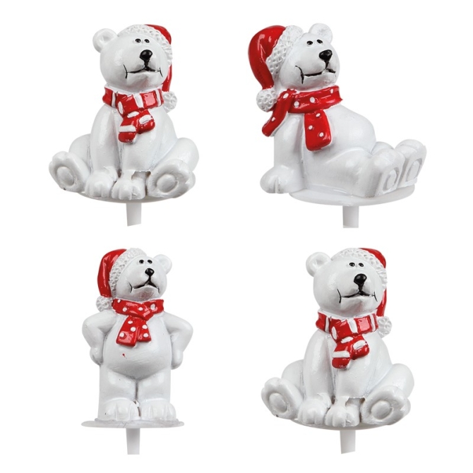 4 Stecchini decorativi Orso Polare con Cappello Rosso (4 cm) - Plastica 