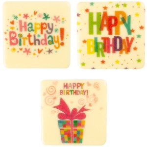 3 quadratini Happy Birthday (4,8 cm) - Cioccolato bianco