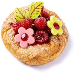 5 fiori aperti: 2 gialli  /  2 rosa  /  1 verde,  � 3, 5 cm,  cioccolato bianco. n�1