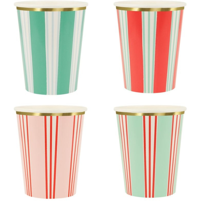 8 tazze festive a righe con finitura dorata 