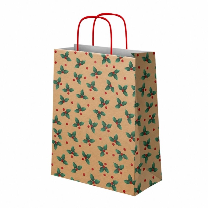 Sacchetto regalo natalizio piccolo con agrifoglio - 24 cm 
