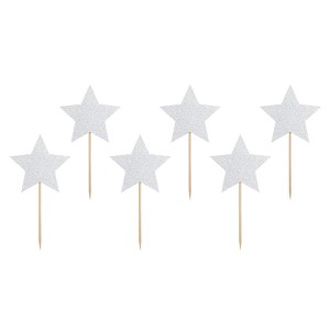 6 Stecchini con stelle glitter argento (11 cm)