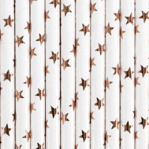 10 cannucce bianche - Stelle metalliche oro rosa