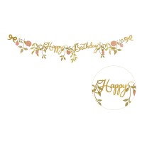 Striscione di buon compleanno con fiori rosa/oro - 1,3 m